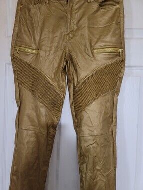 Blue Topic Metallic Gold Moto Skinny Pants with Ribbed Panels